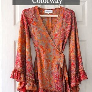 Karma N Crafts 100% Silk Paisley Wrap Dress S/M Red Orange Coral Rare Boho